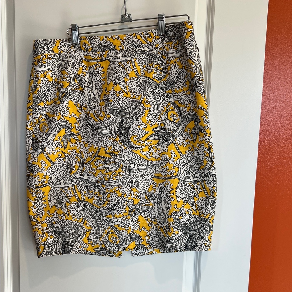 J. Crew Yellow and Black Paisley Pencil Skirt